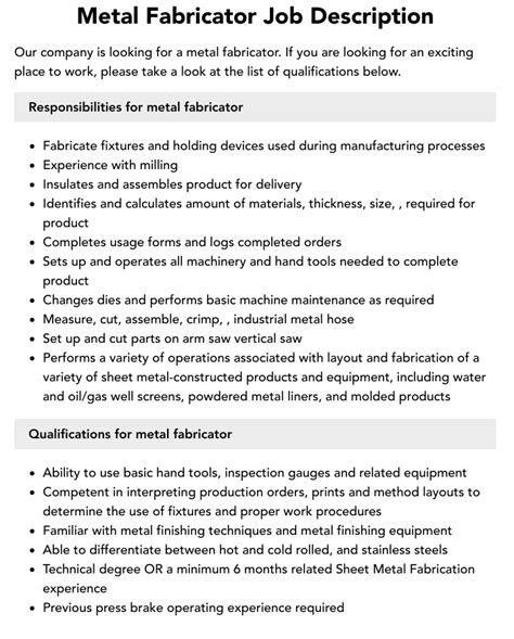 metal fabrication skills|metal fabricator job duties.